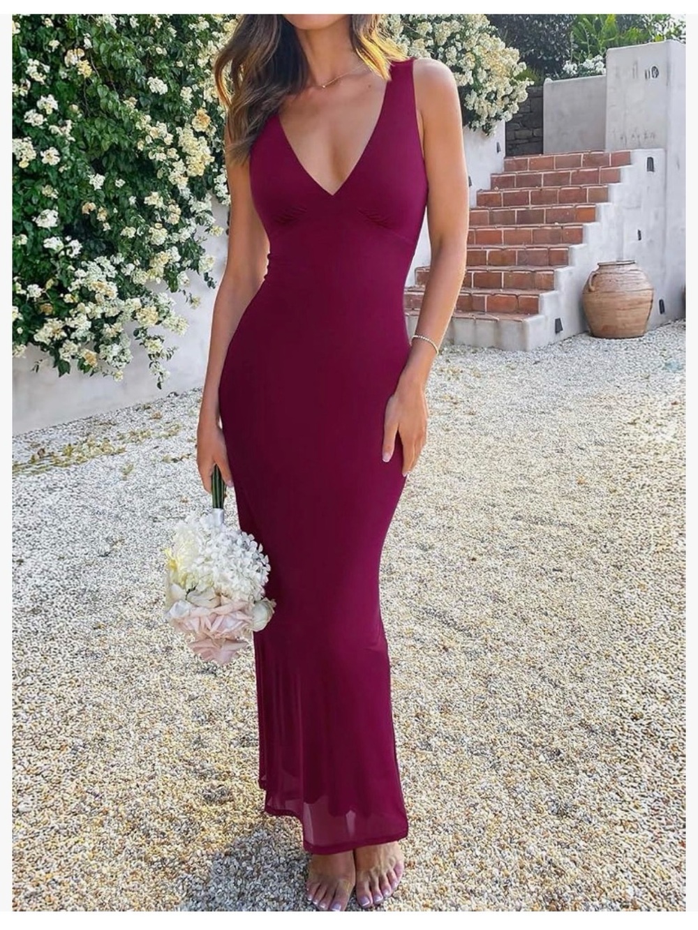 Sleeveless V-Neck Bodycon Maxi Dress in Wine